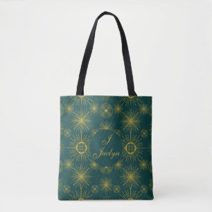 Boho Celestial Sun Stars Personalized Teal  Tote Bag