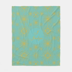 Boho Celestial Sun Stars Personalized Turquoise Fleece Blanket