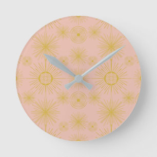 Boho Celestial Sun Stars Pink Pattern  Round Clock