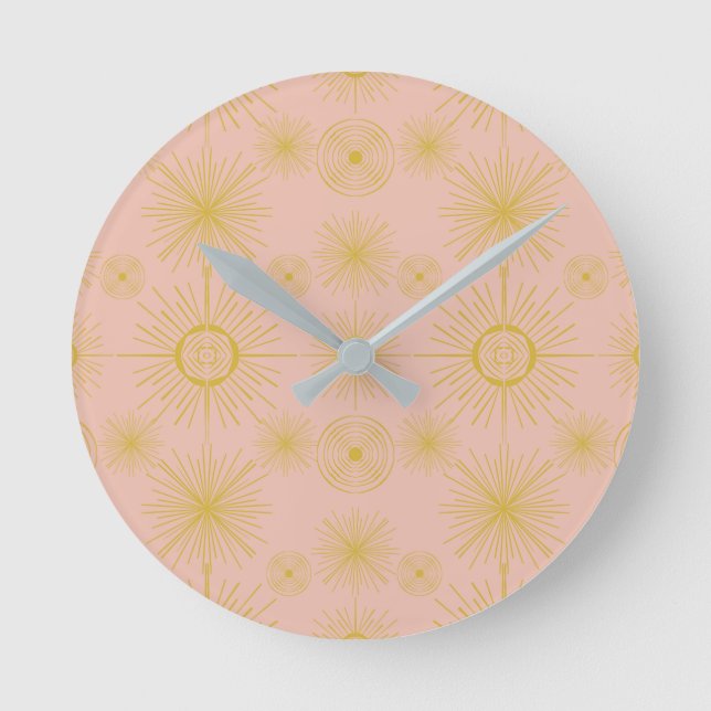 Boho Celestial Sun Stars Pink Pattern  Round Clock (Front)
