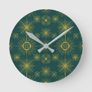 Boho Celestial Sun Stars Teal Pattern  Round Clock