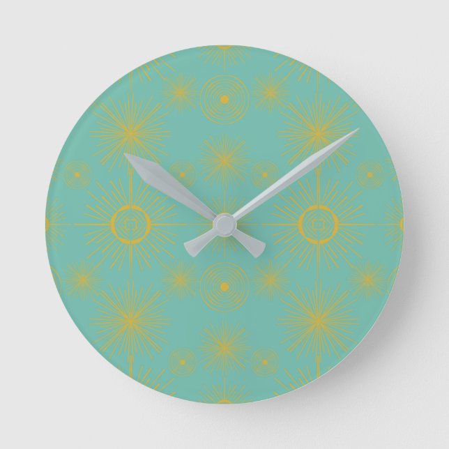 Boho Celestial Sun Stars Turquoise Pattern Round Clock (Front)