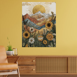 Boho Celestial Sunburst Mountain Sunflower Poster