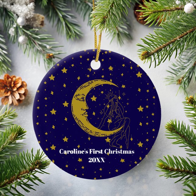 Boho Celestial Woman Whimsical Moon Stars 1st Xmas Ceramic Ornament (Creator Uploaded)