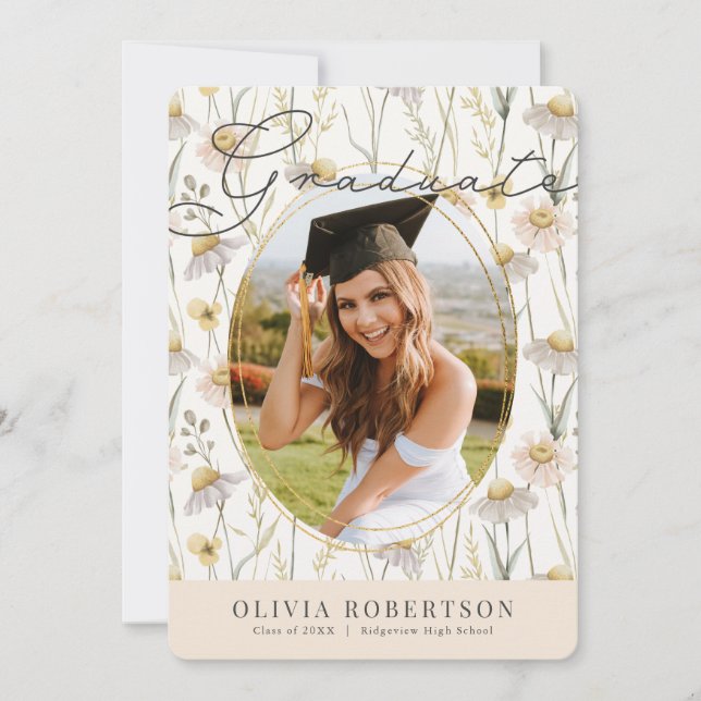 Boho Chamomile Watercolor Floral Photo Graduation Invitation (Front)