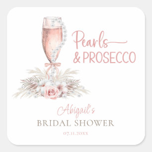 Boho Champagne Glass Pearls&Prosecco Bridal Shower Square Sticker