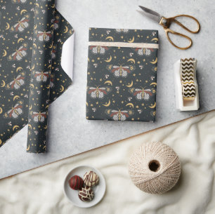 Boho Charcoal Grey Celestial Moth Pattern Wrapping Paper