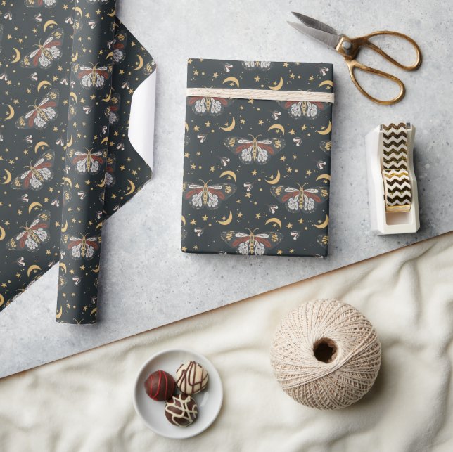 Boho Charcoal Grey Celestial Moth Pattern Wrapping Paper (Crafts)