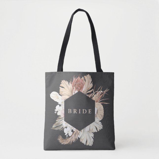 Boho Charcoal Modern Pampas Two Tone Bride Tote Bag (Front)