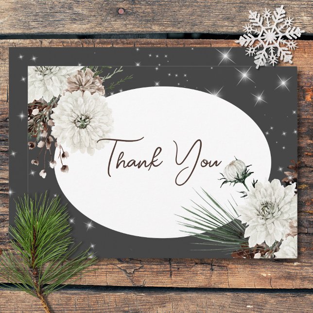 Boho Charcoal Pine Winter Sparkle Wedding Thank You Card (Boho Charcoal Pine Winter Sparkle Wedding Thank You Card)