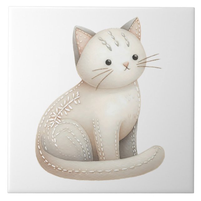 Boho Chat céramique Carreaux brodés Beige Kitty (Devant)