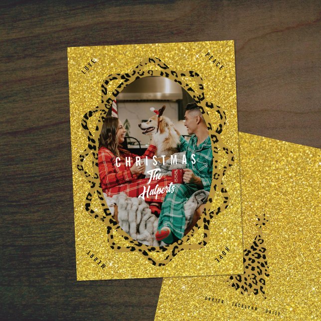 Boho Cheetah & Glitter Oval Photo Christmas Holiday Card (Creator Uploaded)