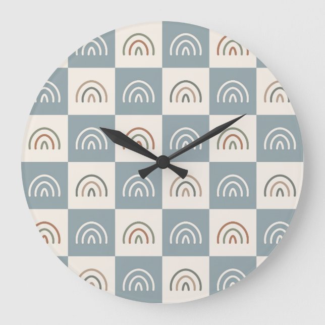 Boho Chequered Rainbow Minimalist Pattern Large Clock (Front)