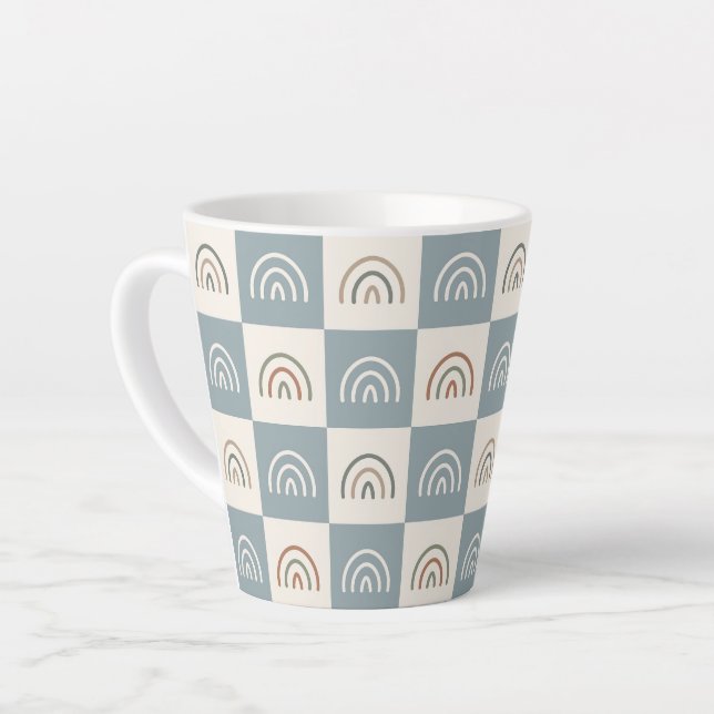 Boho Chequered Rainbow Minimalist Pattern Latte Mug (Left Angle)