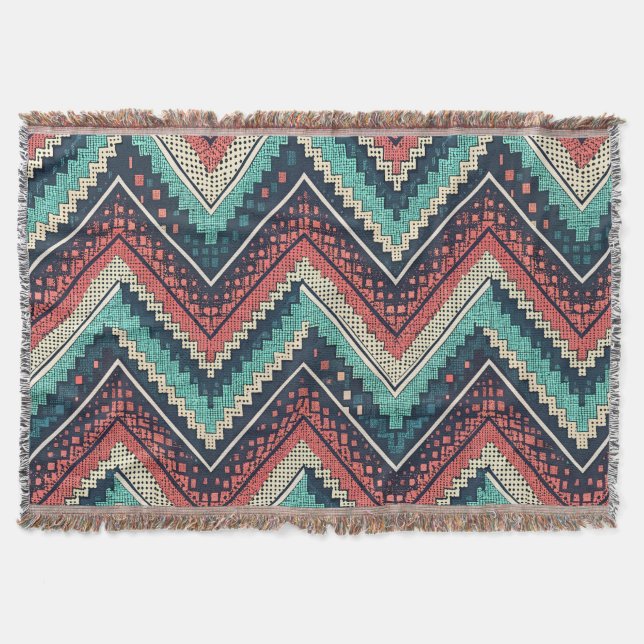 Boho Chevron Pattern | Teal, Coral & Cream Zigzag  Throw Blanket (Front)