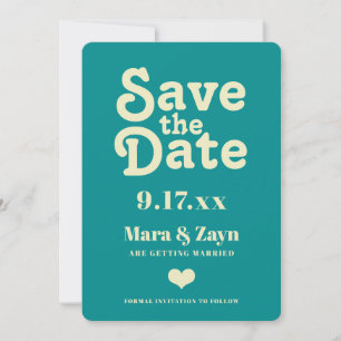 Boho Chic 70's Retro Teal Save the Date Announcement