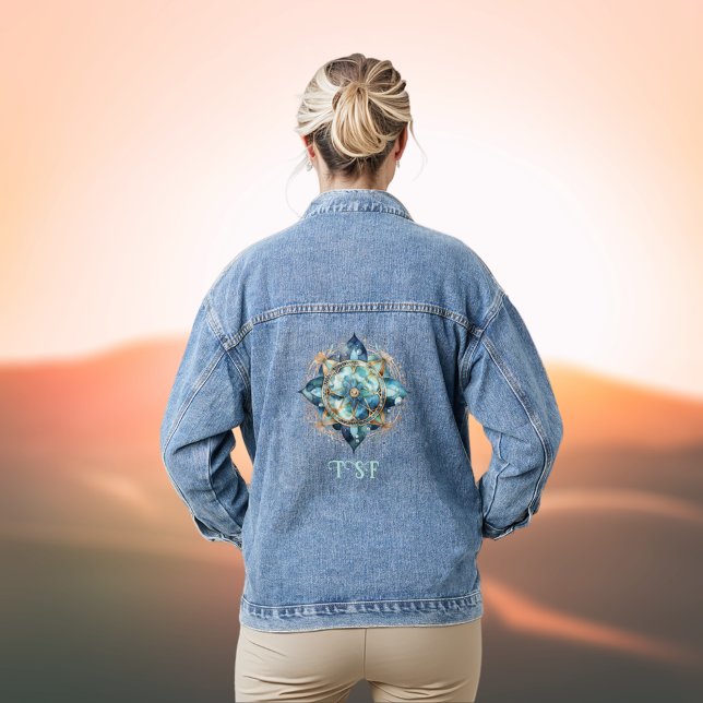 Boho Chic Aqua Teal and Blue Mandala with Initials Denim Jacket (Creator Uploaded)