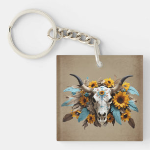 Boho Chic Aquarelle Tournesol Plumes Vache crâne