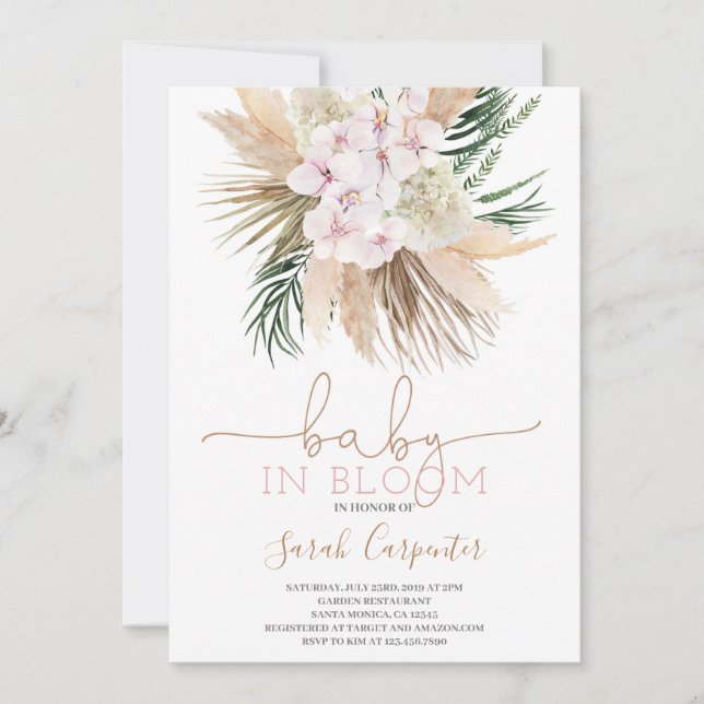 Boho Chic Baby in bloom shower girl invitation (Front)
