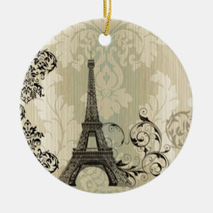 Boho Chic beige Damask Paris Eiffel Tower Ceramic Ornament