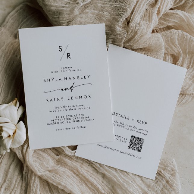 Boho Chic Black and White Monogram QR Code Wedding Invitation (Creator Uploaded)