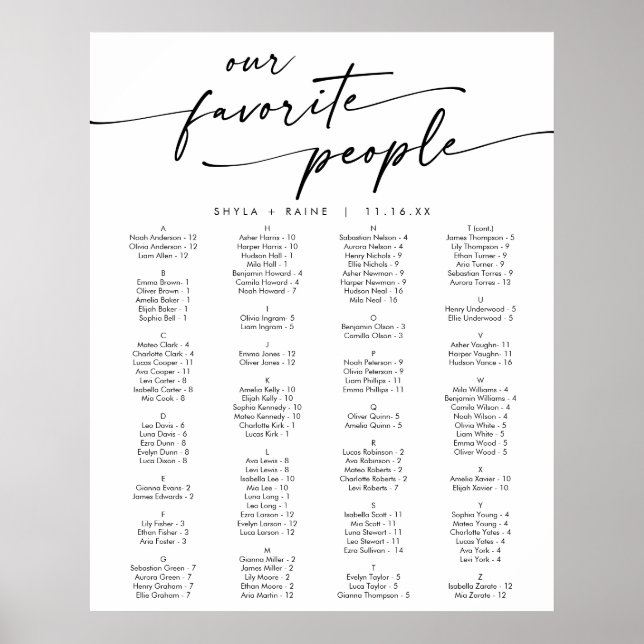 Boho Chic Black and White Printable Seating Chart (Front)