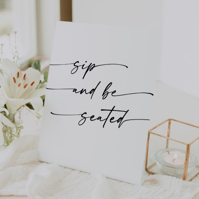 Boho Chic Black and White Sip Be Seated Wedding Pedestal Sign (Boho Chic Black and White Sip Be Seated Wedding Pedestal Sign)