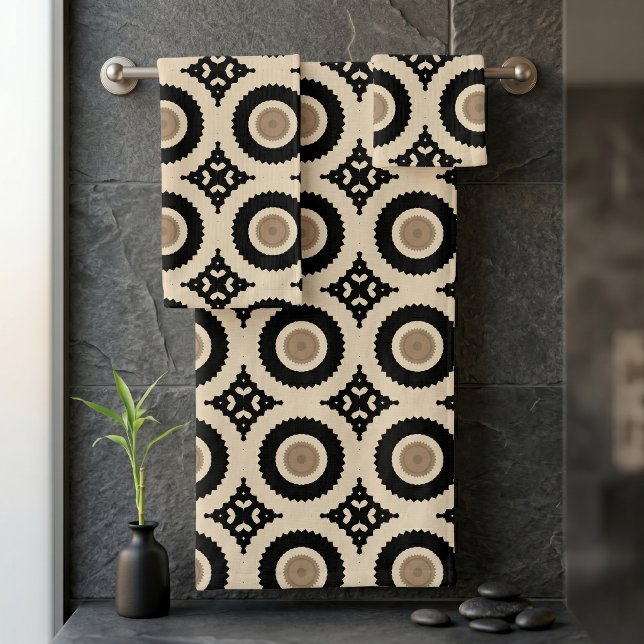 Boho Chic Black Beige Geometric Medallion Pattern Bath Towel Set (Creator Uploaded)