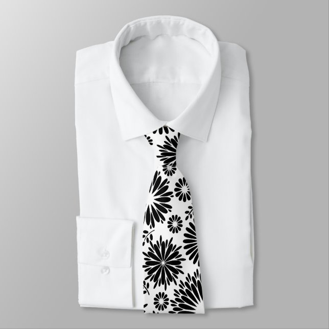 Boho Chic Black White Folk Flowers and Starburst  Tie (Tied)