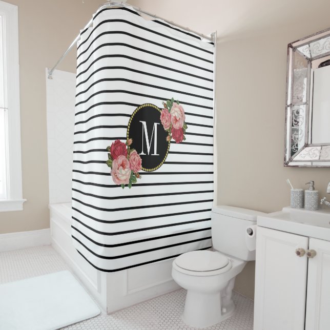 Boho Chic Black White Striped Floral Monogram (In Situ)