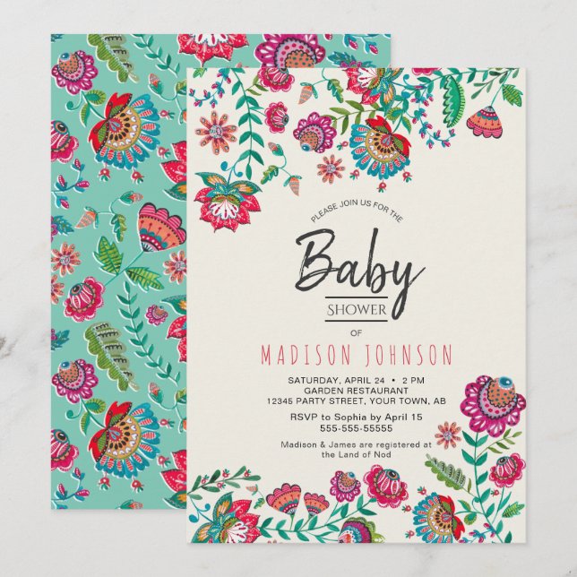 Boho Chic | Blue | Folk Flowers | Baby Shower Invitation (Front/Back)