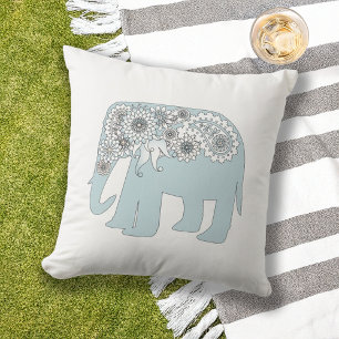 Boho Chic Blue Paisley Elephant Outdoor Pillow