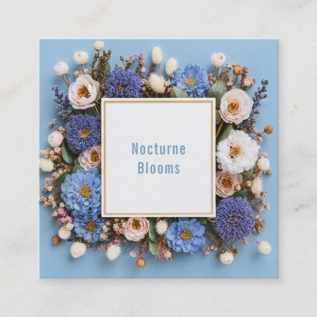 Boho Chic Blue Pink Floral Gold Frame Square Business Card (Front)
