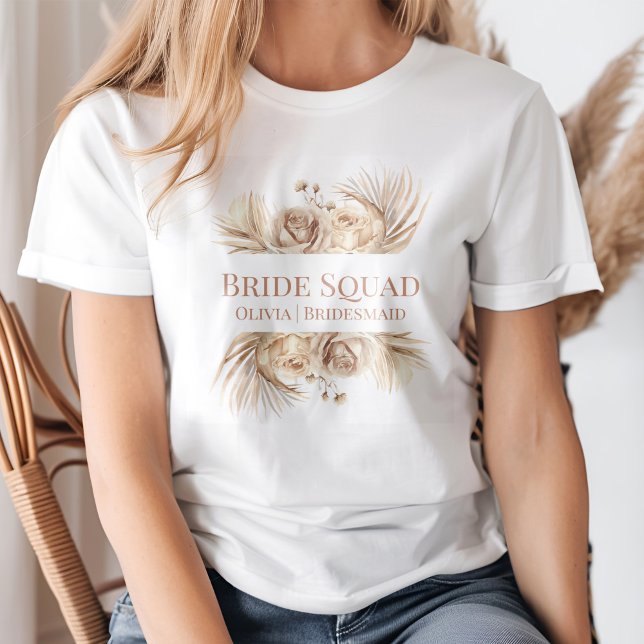 Boho Chic Blush Floral Bride Squad T-Shirt (Boho Chic Blush Floral Bride Squad T-Shirt on a young woman)