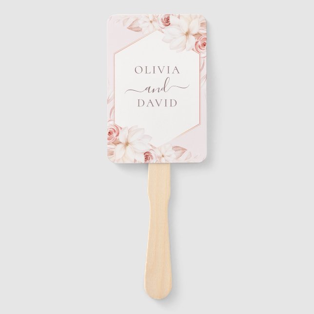 Boho Chic Blush Pink Floral Wedding Program Hand Fan (Front)