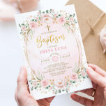Boho Chic Blush Pink Gold Floral Girl Baptism Invitation<br><div class="desc">Help celebrate your daughter's baptism with this feminine invitation. Featuring an elegant composition of blush overlay adorned with pastel pink floral wreaths and greenery. Click the "customize further" button if you wish to re-arrange and format the style and placement of the text. Comes with a matching pink & gold stripes...</div>