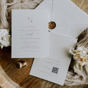Boho Chic Blush Pink Monogram QR Code Wedding Invitation