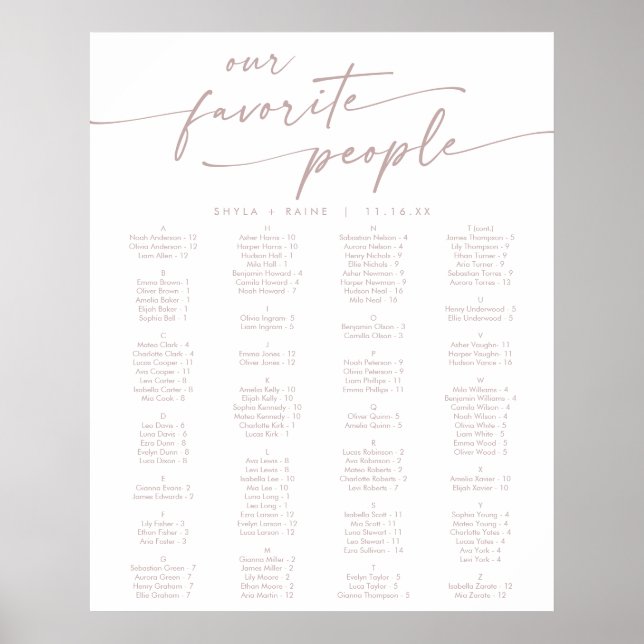 Boho Chic blush Pink Printable Seating Chart (Front)