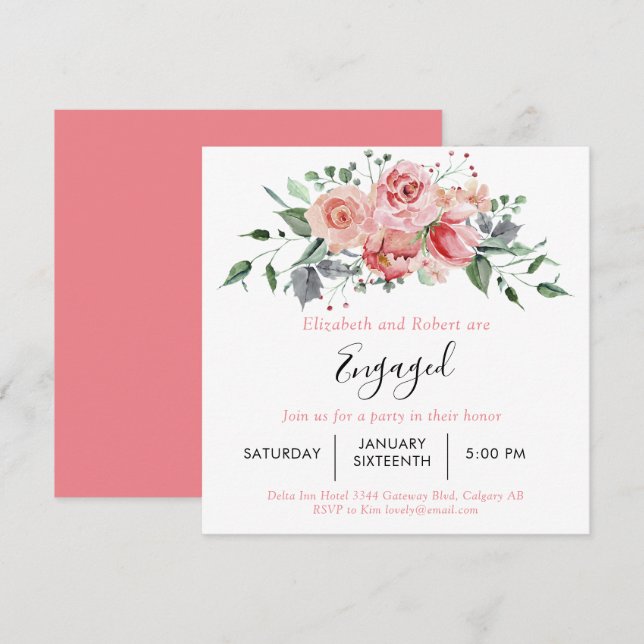 Boho Chic Blush Pink Rose Engaged Script Floral In Invitation (Front/Back)