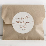 Boho Chic Bohemian Cream A Sweet Thank You Favour Classic Round Sticker<br><div class="desc">This boho chic bohemian cream a sweet thank you favour classic round sticker is perfect for a minimalist wedding. The neutral terracotta burnt orange and cream modern bohemian design features simple rustic calligraphy with a unique yet classic style.

Personalize your favour stickers with your names and wedding date.</div>