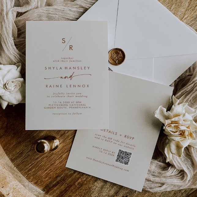 Boho Chic Bohemian Cream Monogram QR Code Wedding Invitation (Creator Uploaded)