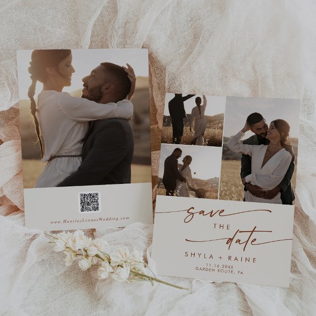 Boho Chic Bohemian Cream Multi Photo QR Code Save The Date (Creator Uploaded)