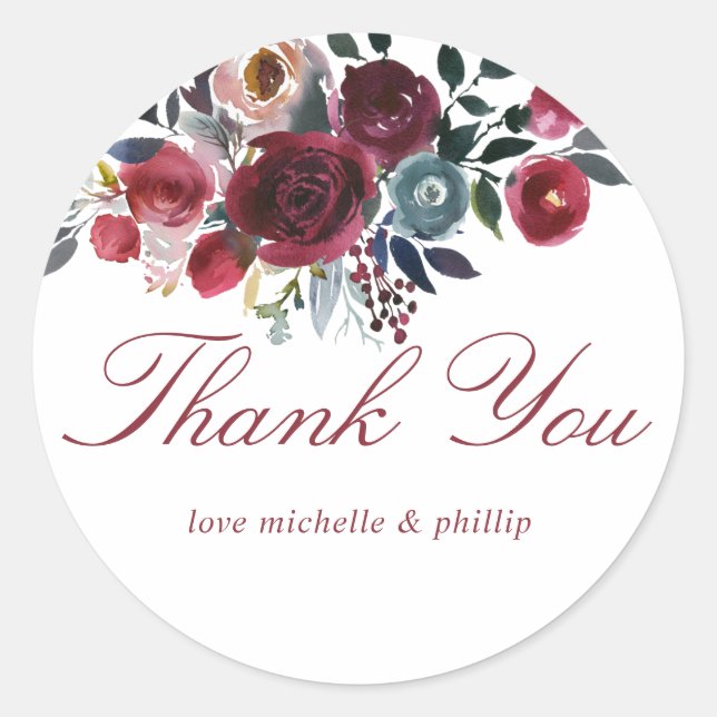 Boho Chic Burgundy and Navy Autumn Fall Wedding Classic Round Sticker (Front)