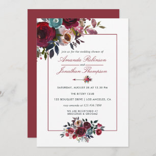 Boho Chic Burgundy and Navy Autumn Fall Wedding Invitation