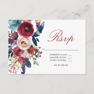 Boho Chic Burgundy and Navy Autumn Fall Wedding RSVP Card