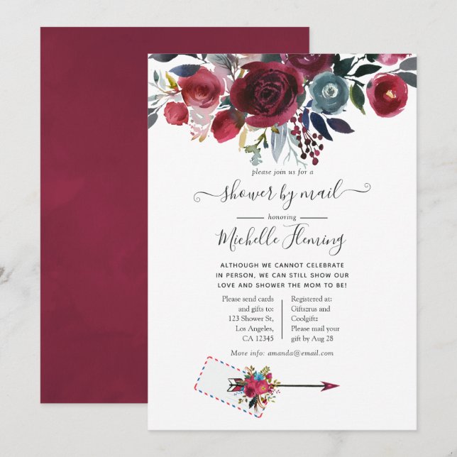 Boho Chic Burgundy and Navy Baby Shower by Mail Invitation (Front/Back)