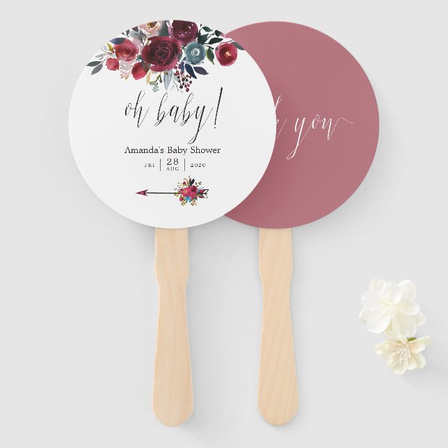 Boho Chic burgundy and navy floral Baby Shower Hand Fan (Front and Back)