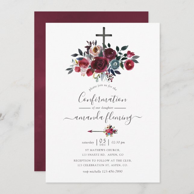 Boho Chic Burgundy and Navy Floral Confirmation Invitation (Front/Back)