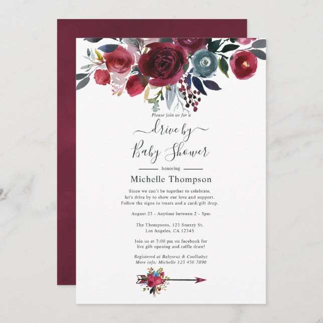 Boho Chic Burgundy and Navy Floral Drive By Shower Invitation (Front/Back)