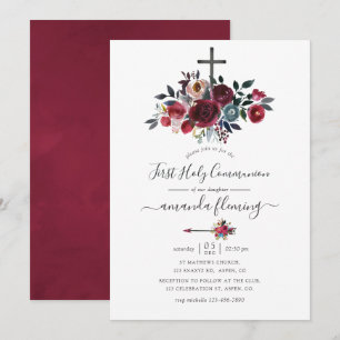 Boho Chic Burgundy and Navy Floral Holy Communion Invitation